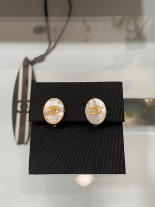 Chanel Vintage Gold-Tone Oval Clip-On Earrings with Natural Mother-of-Pearl
